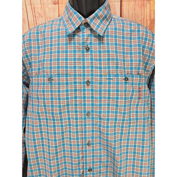 Orvis Mens Active Fit Plaid Button-Down Shirt Medium Blue/Orange Nylon/Polyester - Picture 3 of 10